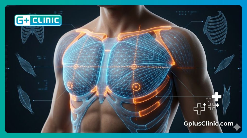 High-tech digital mesh visualization of the chest anatomy showing surgical precision