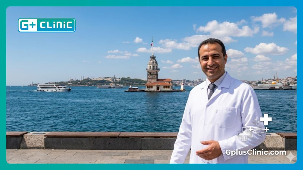Friendly doctor welcoming a medical tourist with a beautiful Bosphorus background