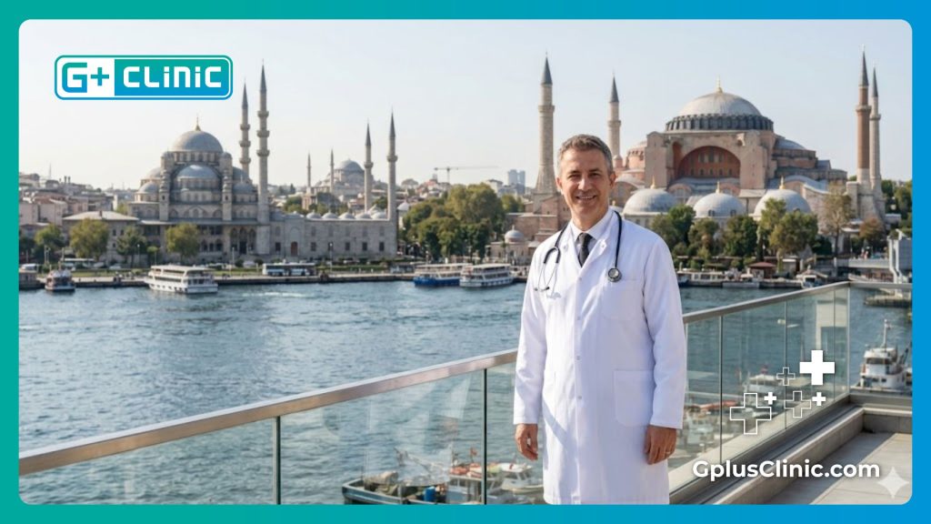 Welcoming plastic surgeon with Istanbul skyline in the background