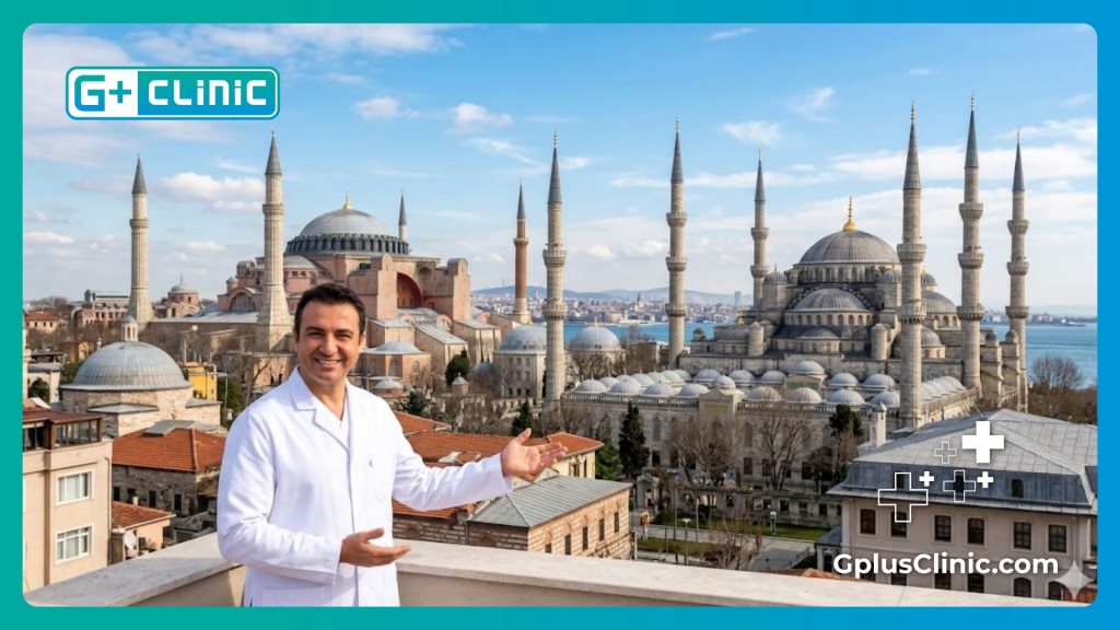 Médico sonriente dando la bienvenida en Estambul con un paisaje histórico de fondo.