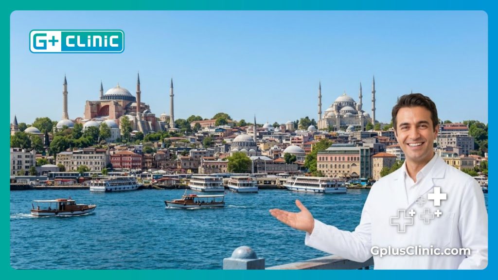 Friendly surgeon welcoming patient in front of the Istanbul skyline.