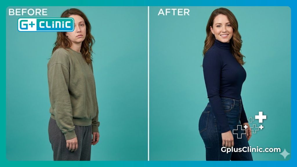 Split-screen visualization of body contouring and precise gluteal shaping results.