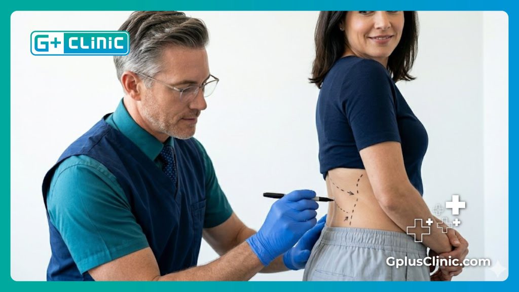 Medical professional applying surgical guidelines for a precise buttocks sculpting procedure.
