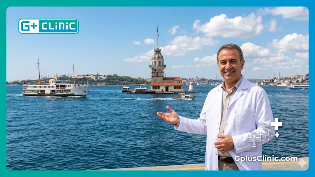 Cirujano dando la bienvenida al paciente en Estambul frente al Bósforo