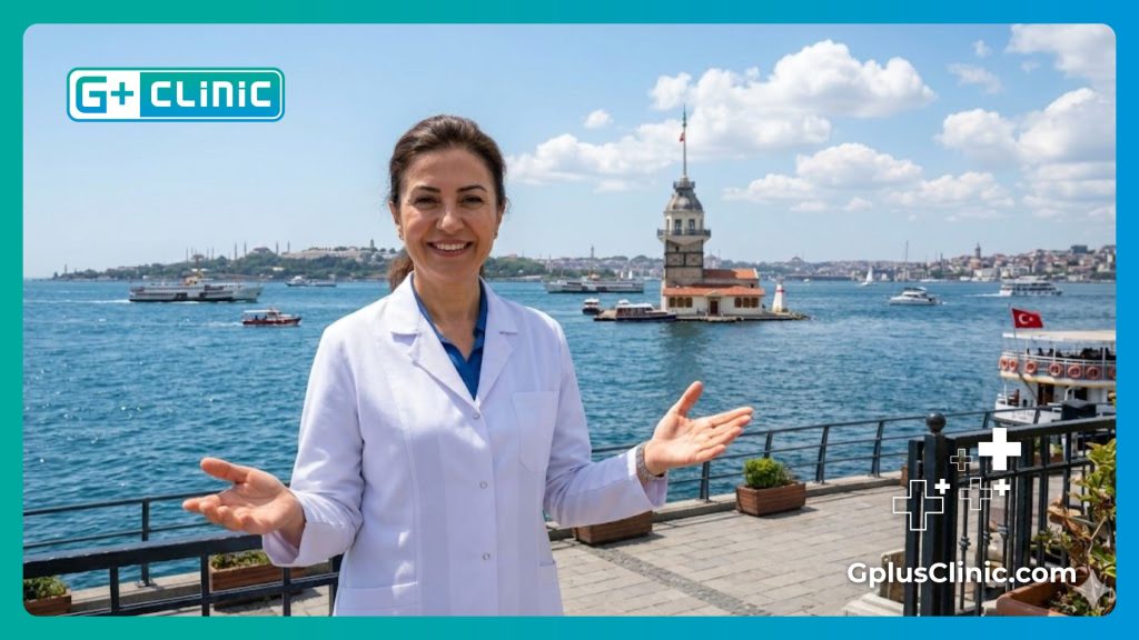 Médico sonriente dando la bienvenida a los pacientes en Estambul frente al Bósforo