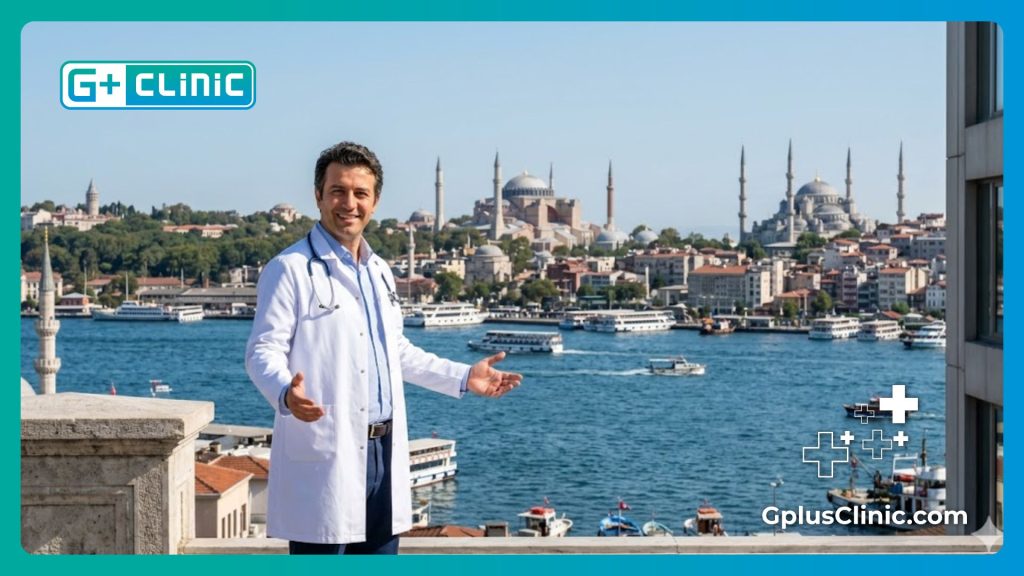 Приветливый стоматолог на фоне достопримечательностей Стамбула