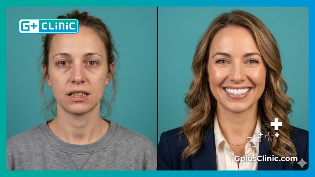 Avant et après la pose de couronnes montrant une transformation esthétique parfaite.