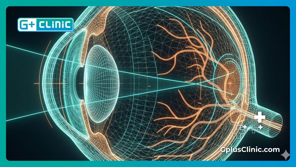 High-tech digital mesh visualization of human eye anatomy