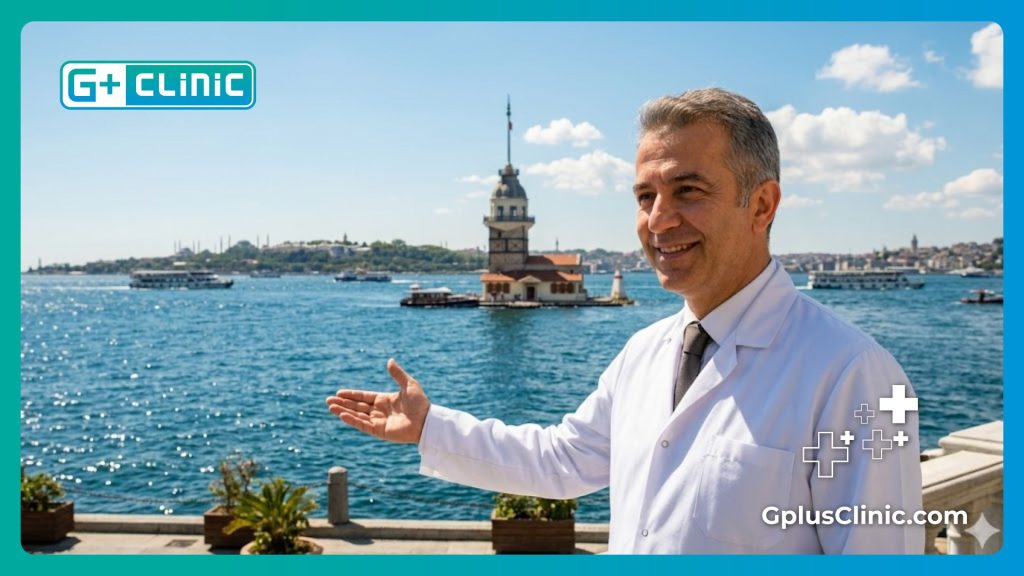 Doctor welcoming patient to Istanbul near the Bosphorus Strait