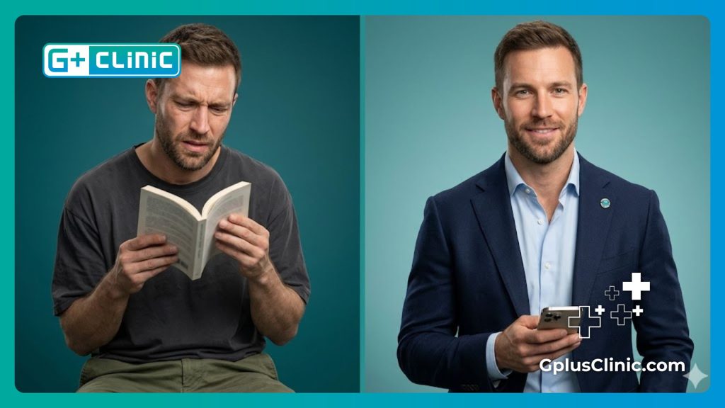 Split screen comparison of a patient gaining clear vision and confidence