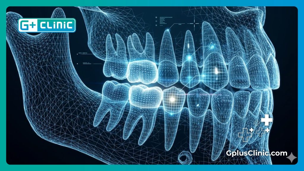 High-tech digital 3D mesh visualization of dental anatomy and tooth restoration