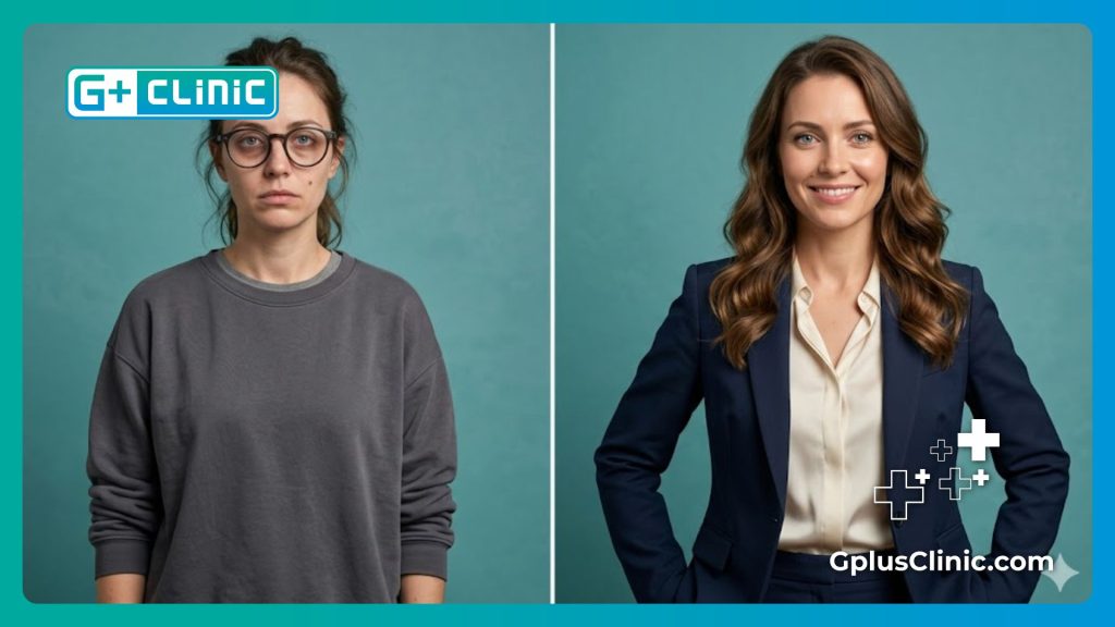 Pantalla dividida antes y después de la corrección visual