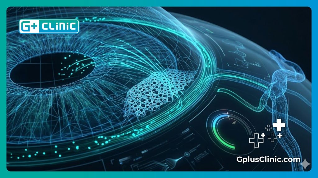 High-tech digital mesh scan of the human eye showing intraocular pressure zones