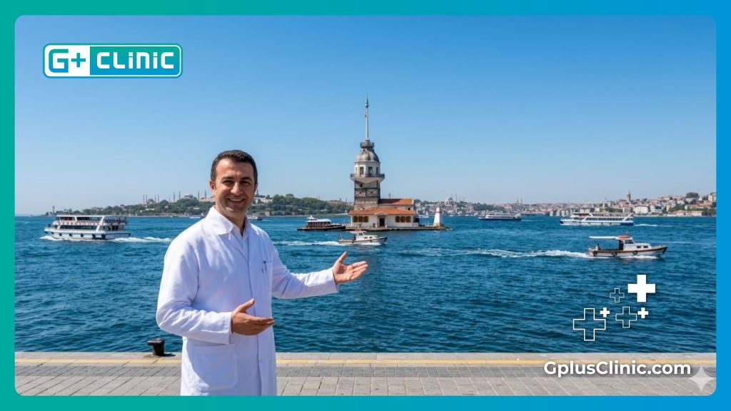 Eye surgeon welcoming a medical tourist to Istanbul with the Bosphorus in the background