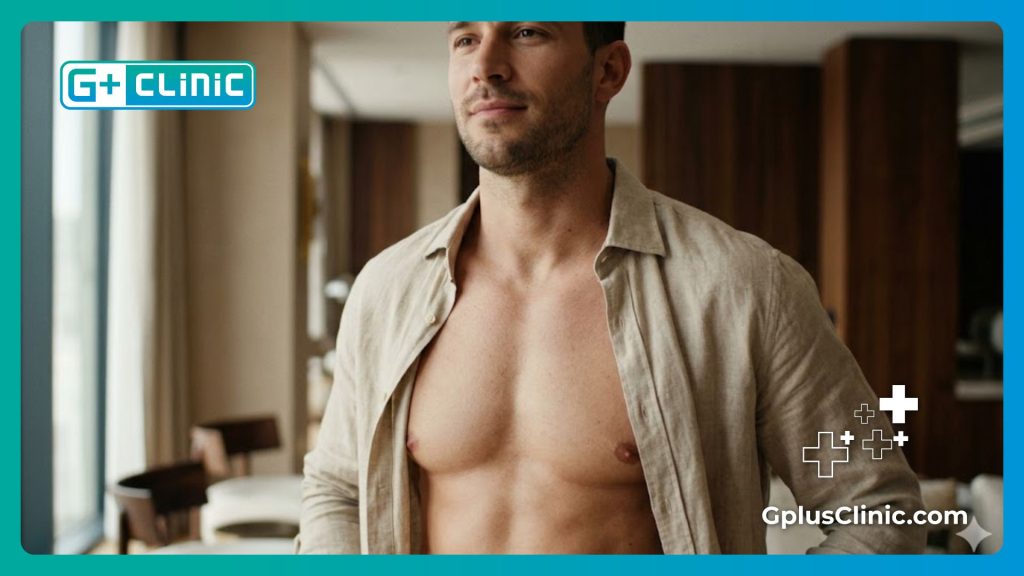 Идеально плоская мужская грудь после успешной коррекции.