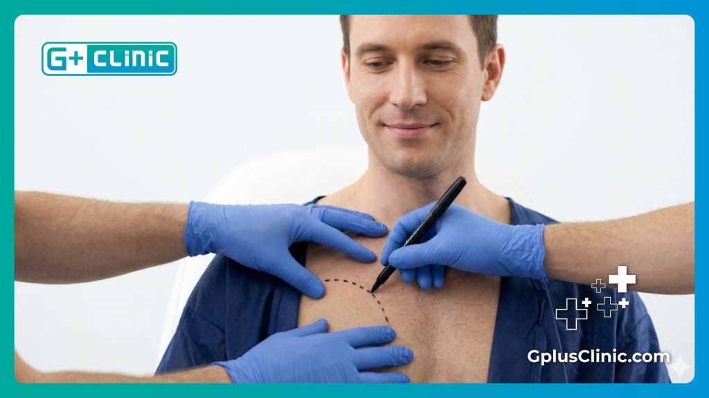 Хирург наносит точную медицинскую разметку на грудь пациента перед подтяжкой.