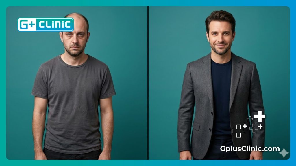 Split screen showing severe balding before and a thick hairline after