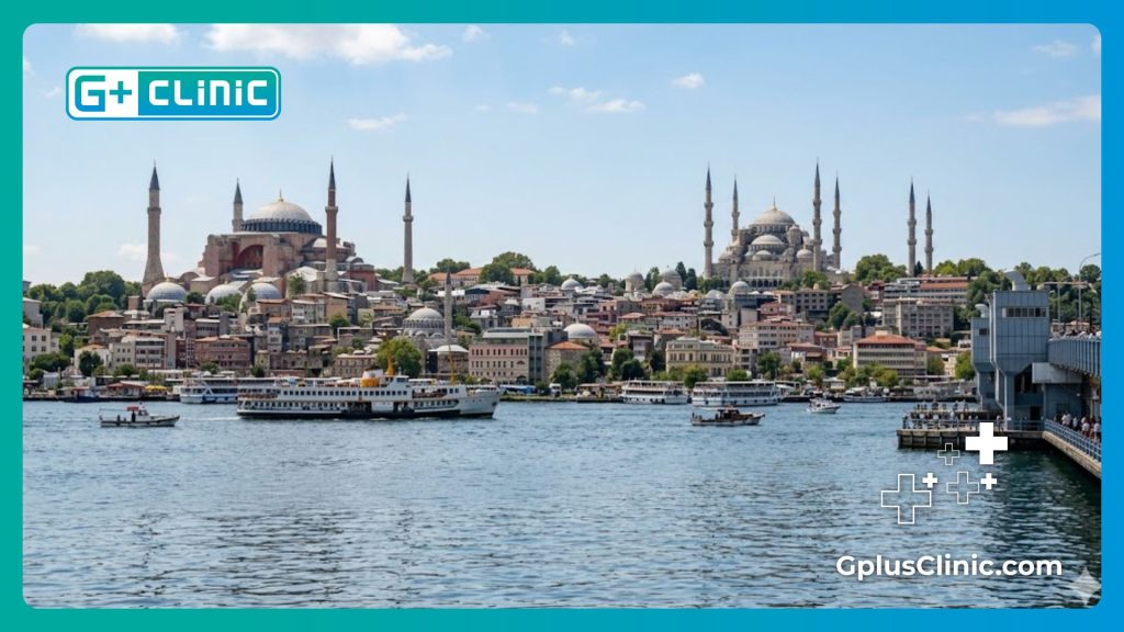 طبيب يرحب بالمريضة في اسطنبول مع خلفية آيا صوفيا الرائعة