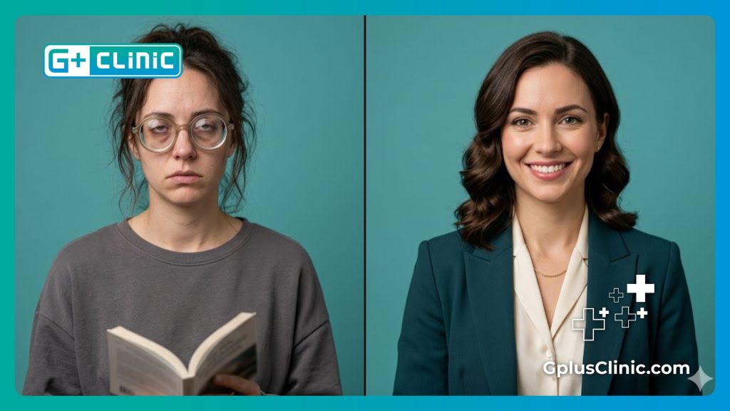 صورة مقارنة قبل وبعد تظهر التخلص من النظارات الطبية بعد علاج طول النظر بنجاح وأمان.