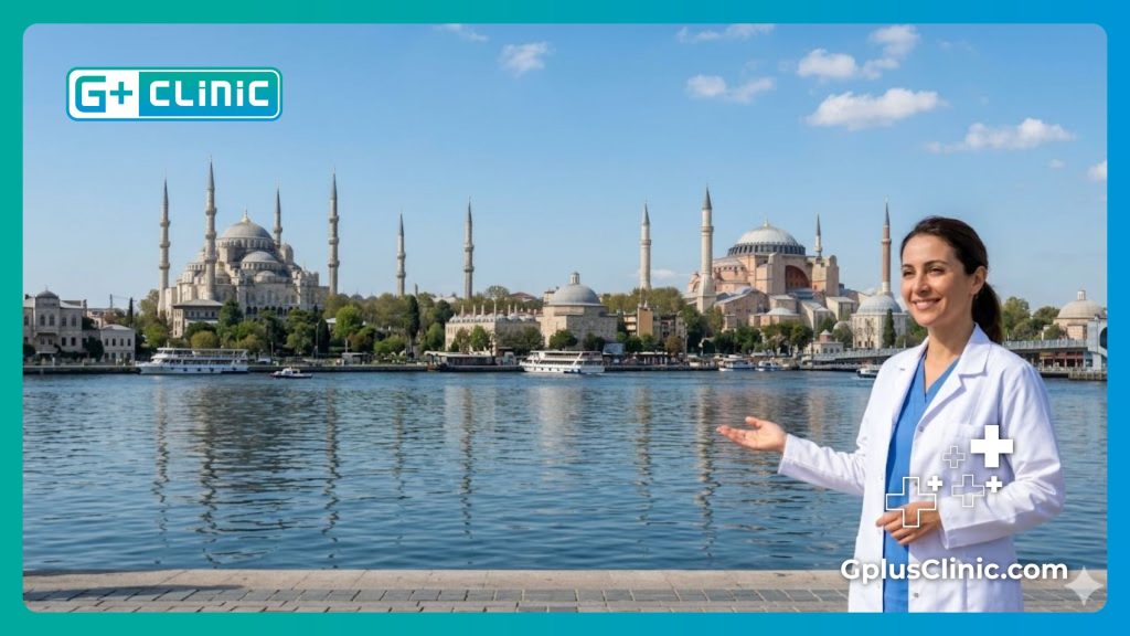 Welcoming eye doctor in front of Istanbul skyline for medical tourism