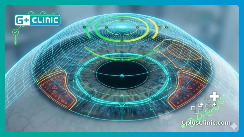 Escaneo digital de alta tecnología del ojo humano mostrando las zonas de seguridad del implante.