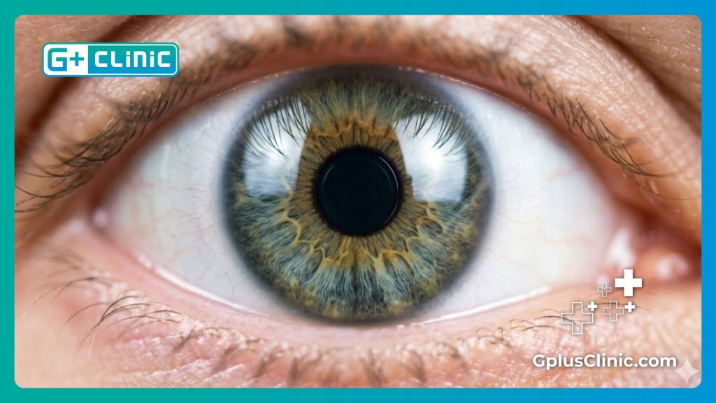 Ojo sano y brillante que muestra el resultado perfecto de una cirugía de lente intraocular.