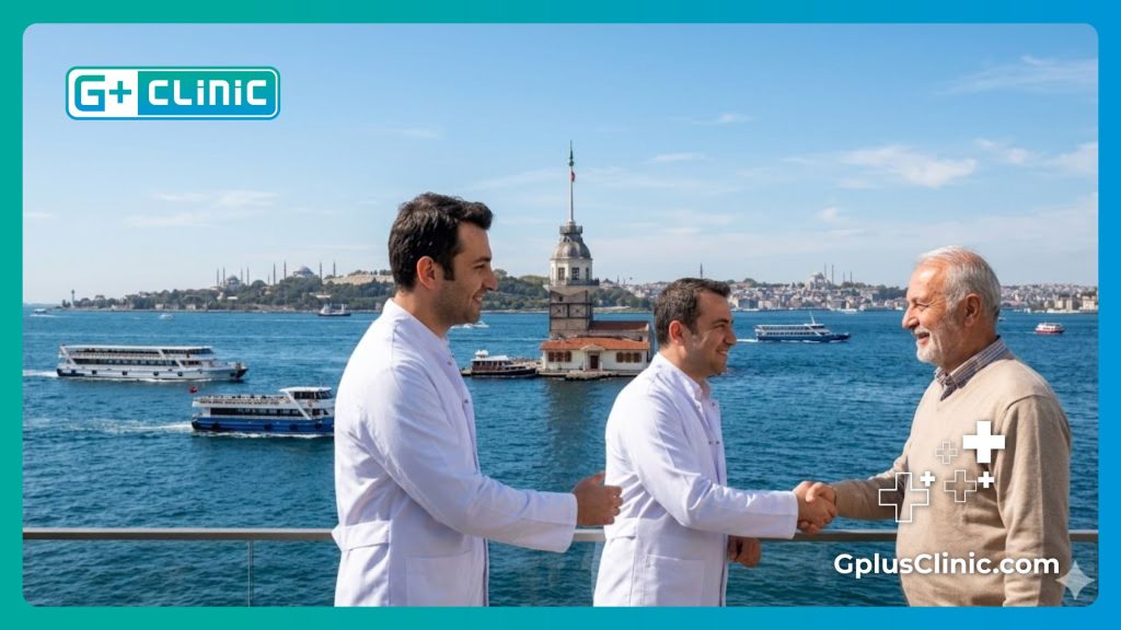 Médico sonriente dando la bienvenida a un paciente en Estambul frente al Bósforo.