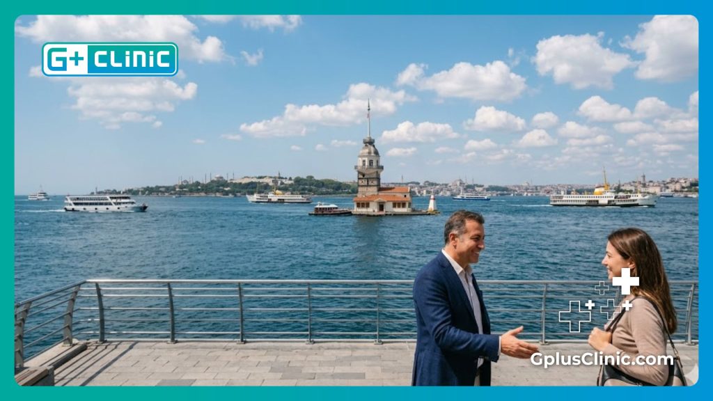 Врач приветствует пациентов на фоне пролива Босфор в Стамбуле