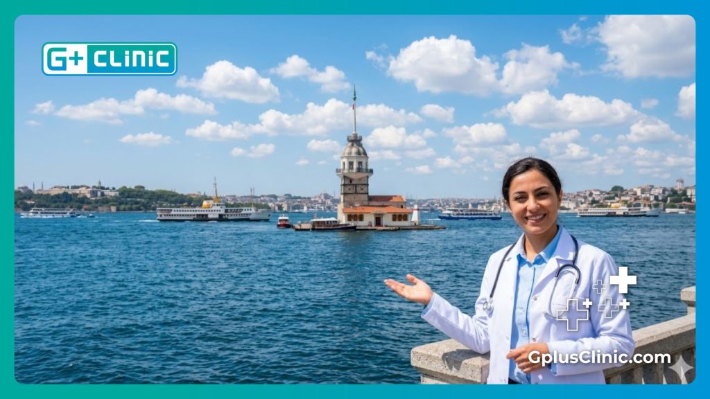 Médico amable dando la bienvenida a los pacientes en la hermosa ciudad de Estambul.