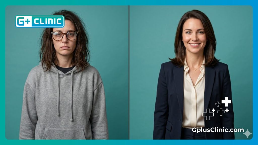 مقارنة المريضة قبل وبعد عملية تصحيح النظر والتخلص من النظارات