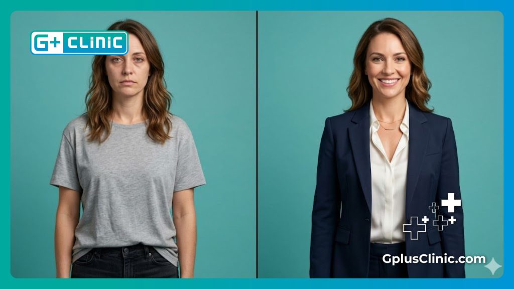 Split-screen before and after transformation of a successful breast tightening procedure.