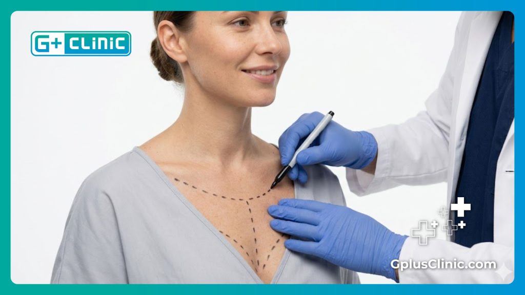 Close-up of a doctor marking surgical guidelines on a patient's décolletage.