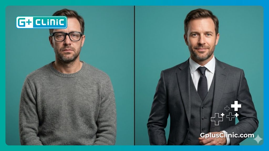 : Before and after split screen of a man achieving perfect vision without glasses