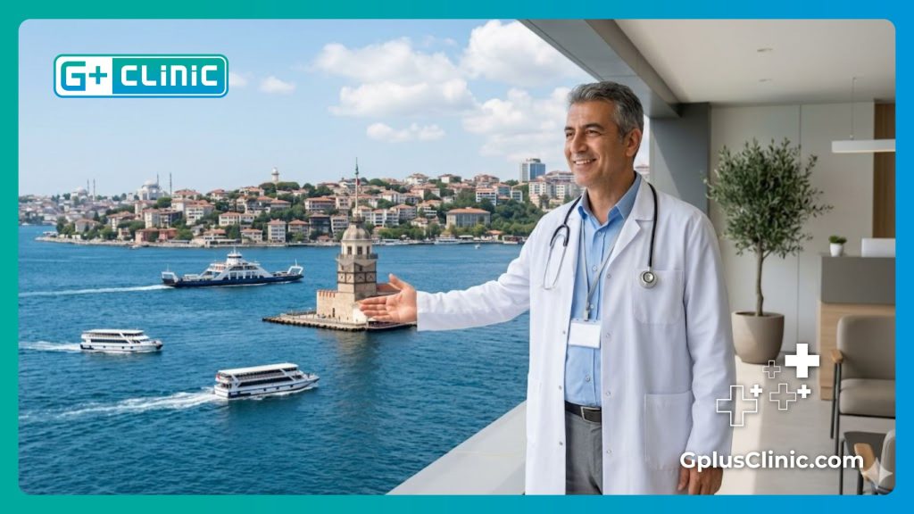 Médico amable dando la bienvenida a Estambul con el Bósforo de fondo