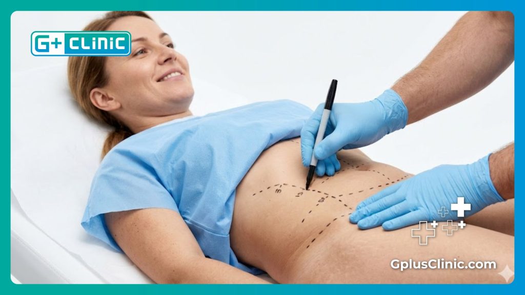 جراح تجميل يقوم بتحديد علامات العملية بدقة على منطقة البطن