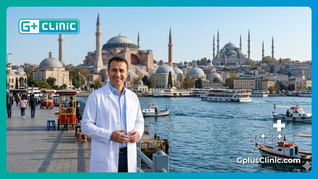 طبيب تجميل يرحب بالمرضى في اسطنبول مع خلفية مسجد آيا صوفيا