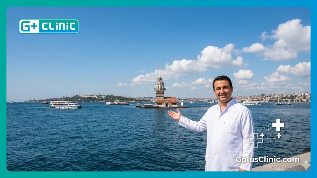 طبيب يرحب بالمرضى في اسطنبول مع خلفية مضيق البوسفور