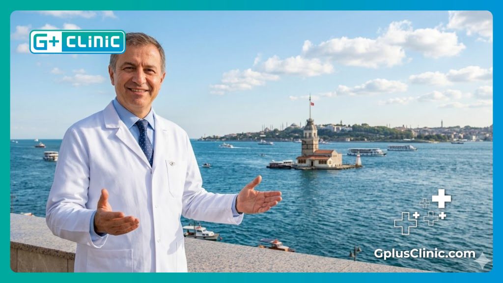 طبيب عيون يرحب بالمرضى في إسطنبول بالقرب من برج الفتاة.