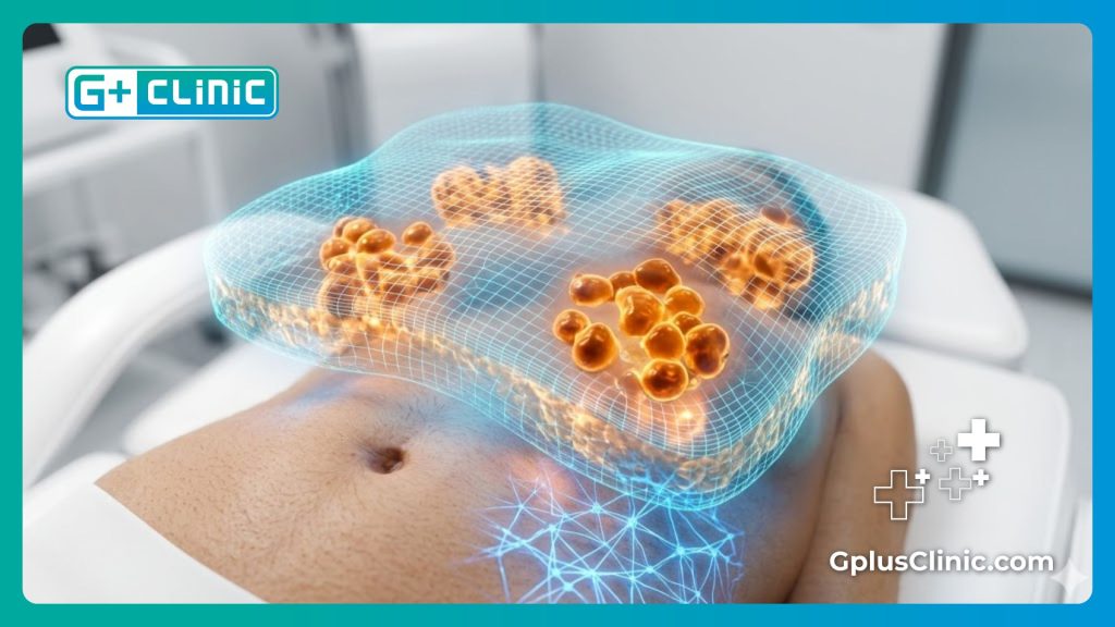 High-tech digital thermal mesh showing targeted adipose tissue treatment.