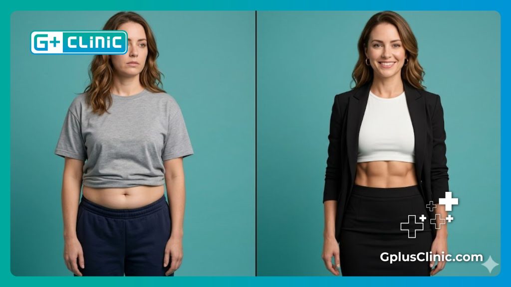 Split-screen before and after comparison of a successful fat melting procedure.