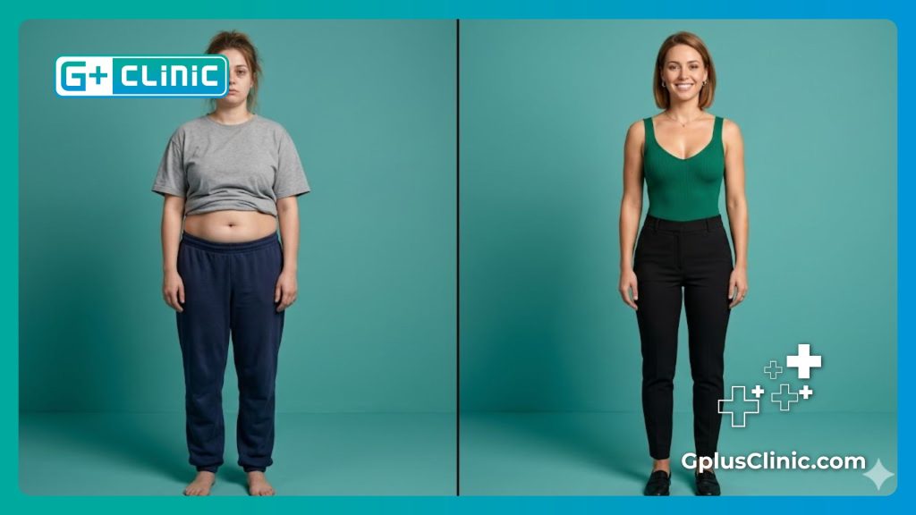 Split screen showing a woman before and after body contouring procedures