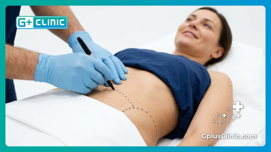 Surgeon drawing surgical guidelines on a patient's stomach for precision