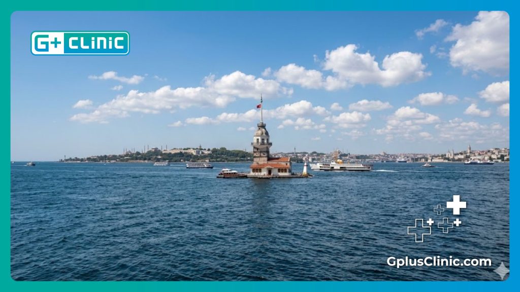 Врач приветствует пациента в Стамбуле на фоне Босфора