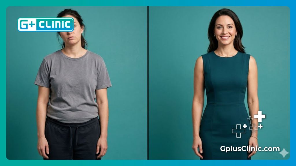 Before and after split screen of body contouring