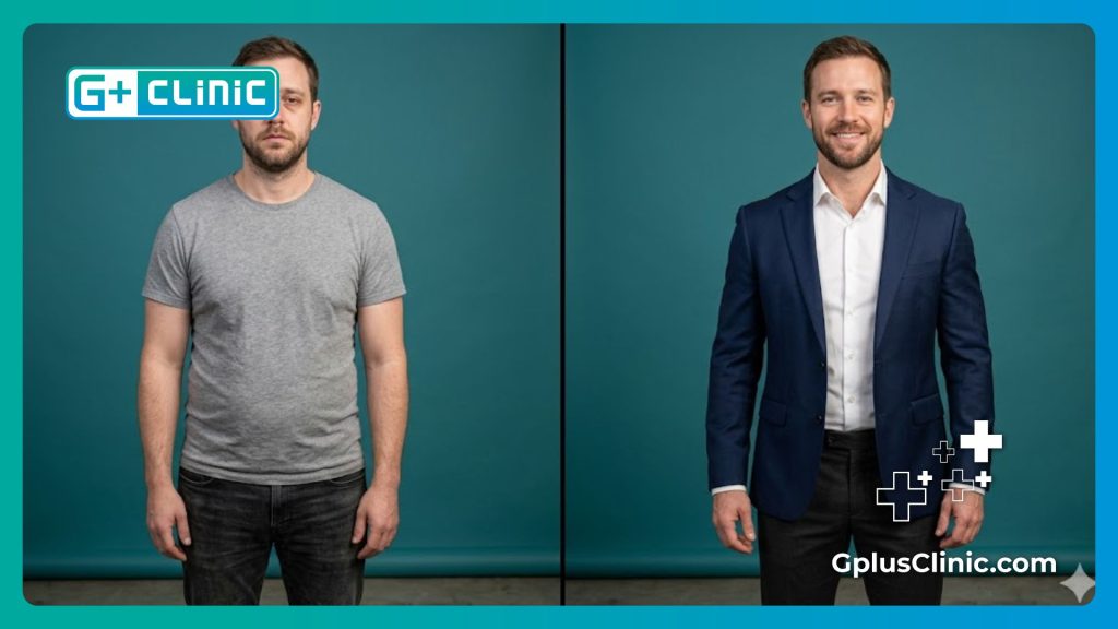 صورة مقسمة تظهر المريض قبل وبعد عملية شد الصدر بنتيجة مثالية.