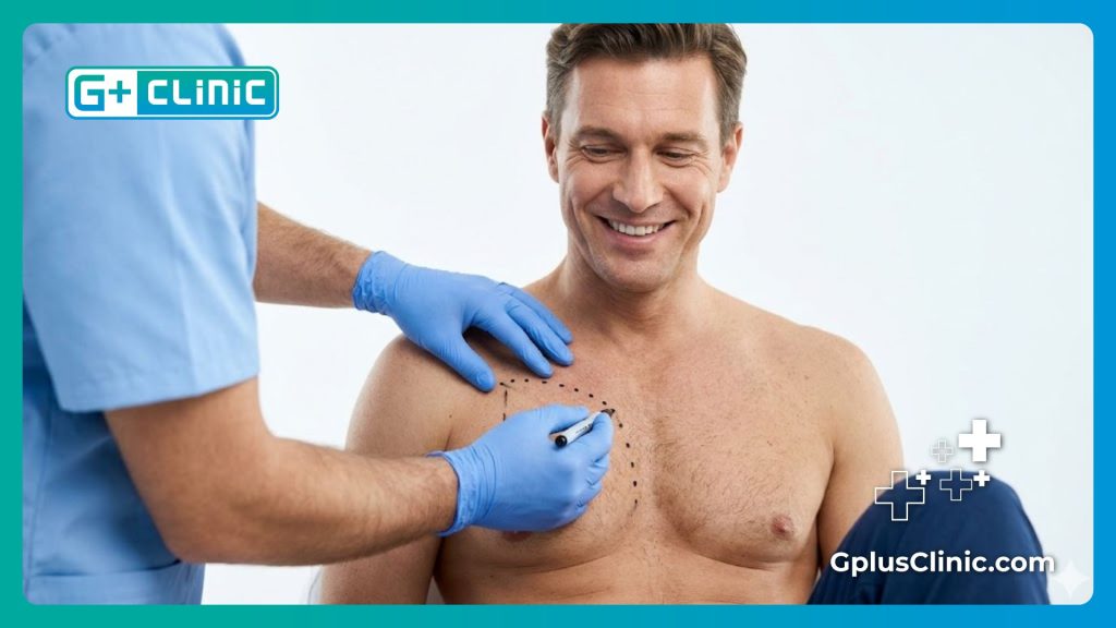 جراح تجميل يقوم برسم خطوط الجراحة الدقيقة على صدر مريض رجل.