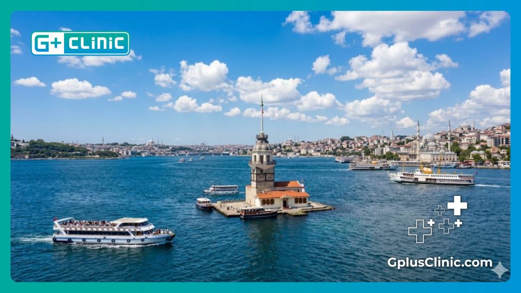 منظر طبيعي خلاب لبرج الفتاة ومضيق البوسفور في اسطنبول.