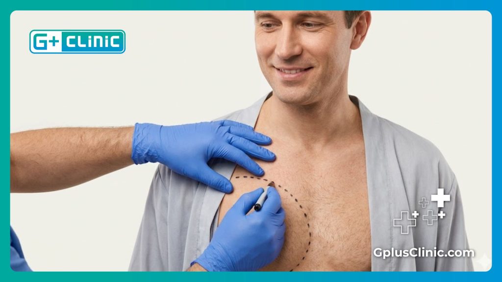 Нанесение хирургической разметки на грудь пациента перед операцией, входящей в Стоимость удаления гинекомастии у мужчин.