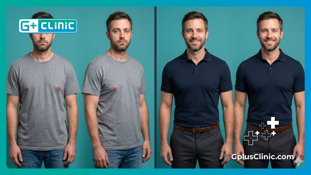 Comparación en pantalla dividida del contorno del pecho masculino