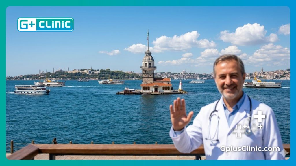 Врач приглашает пациентов на лечение в Стамбул, вид на пролив Босфор.